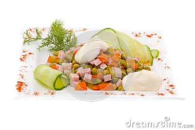 Salad with assorted greens, fried pork, carrots, croutons, parmesan cheese, and mushrooms Stock Photo
