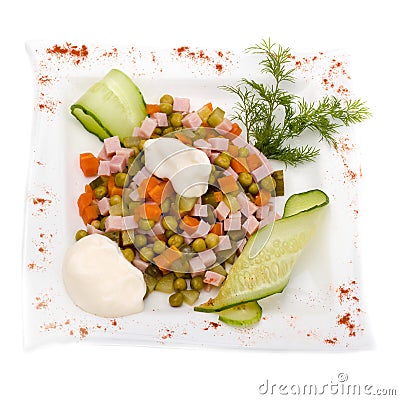 Salad with assorted greens, fried pork, carrots, croutons, parmesan cheese, and mushrooms Stock Photo