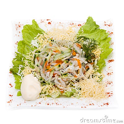 Salad with assorted greens, fried pork, carrots Stock Photo