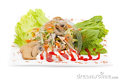 Salad with assorted greens, fried pork, carrots Stock Photo