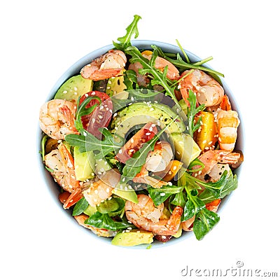 Salad with avocado, shrimp and arugula. Top view Stock Photo