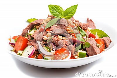 Salad with beef, tomatoes, cucumbers and basil. AI Generated Stock Photo