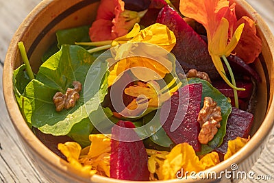 Salad of boiled beets, nasturtium and walnuts. Nice vegetarian dish. Close up. Blur and selective focus Stock Photo