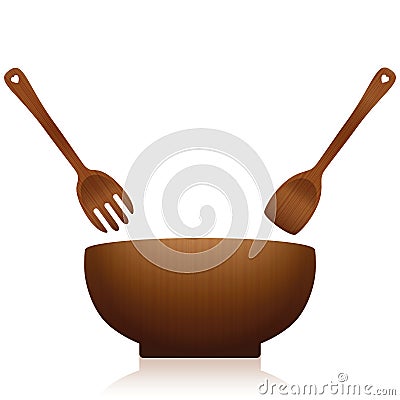 Salad Bowl Servers Kitchen Tools Dark Wood Vector Illustration