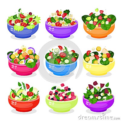 Salad in bowl vector icon set isolated from background Vector Illustration