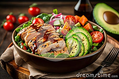 Salad with chicken, avocado and tomatoes. Generative AI Stock Photo