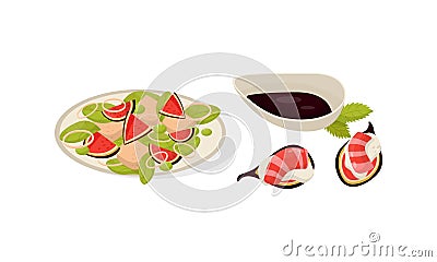 Salad with Chopped Figs and Green Vegetables and Sushi with Sauce Boat Vector Set Vector Illustration