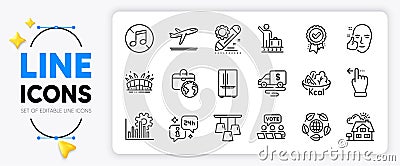 Salad, Departure plane and No music line icons. For web app. Vector Vector Illustration