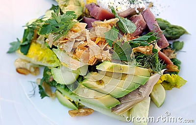 Salad with fresh tuna slices, avocado, herbs and cucumber closeup Stock Photo