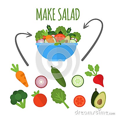 Salad with fresh vegetables in blue bowl isolated on white background. Make salad concept. Applicable set of vegetables Vector Illustration