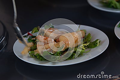 Salad with gamba`s on white plate Stock Photo