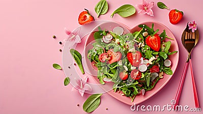 Salad Greens Mix in Heart Shape plate on pink background, Health Concept, Copy Space, Restaurant Valentine's day Stock Photo