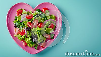 Salad Greens Mix in pink Heart Shape plate on blue background, Health Concept, Copy Space Stock Photo