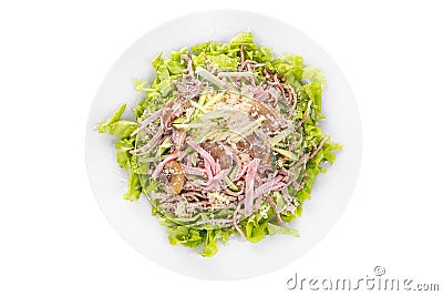 Salad with ham and mushrooms white isolated Stock Photo