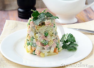 Salad with mayonnaise and vegetables and meat Stock Photo