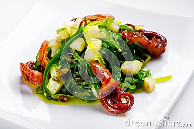 Salad with octopus, scallop and Hiyashi Wakame Stock Photo