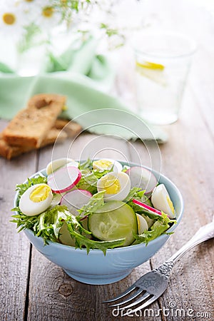 Salad with radish, cucumbers and quail eggs Stock Photo