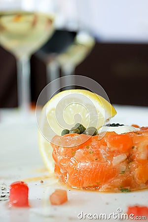 Salad salmon roll with cream cheese, lemon Stock Photo