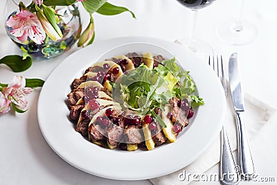 Salad with slices of duck breast with apples and salad under cowberry sauce Stock Photo