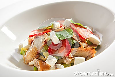 Salad with Smoked Eel Fish or Unagi, Avocado and Strawberries Stock Photo