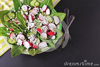 Salad with sorrel, cucumber, radish, speenach, sesame and cheese Stock Photo