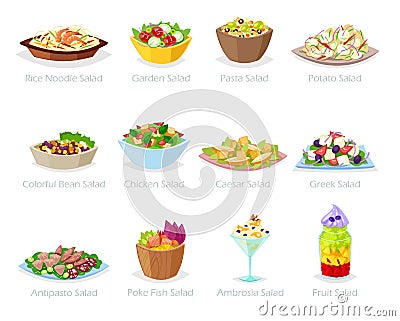 Salad vector healthy food with fresh vegetables tomato or potato in salad-bowl or salad-dish for dinner or lunch Vector Illustration