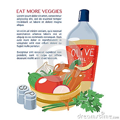 Salad vegetable, olive oil, parsley, salt, pepper Vector Illustration