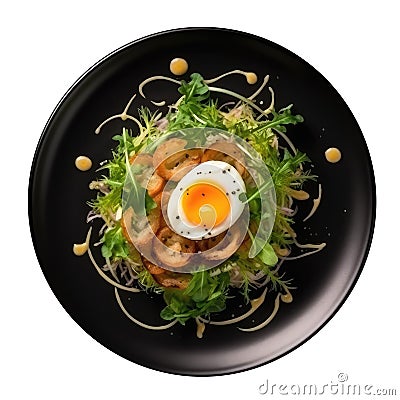 Salade Lyonnaise On A Black Abstraction Round Plate, French Dish. Generative AI Stock Photo