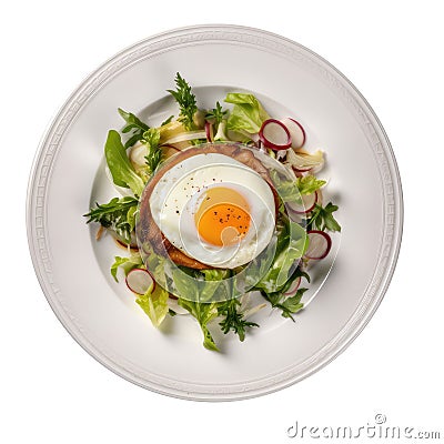 Salade Lyonnaise On A White Ornate Round Smooth Plate, French Dish. Generative AI Stock Photo