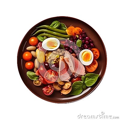 Salade Nioise On Red Smooth Round Plate, French Dish. Generative AI Stock Photo