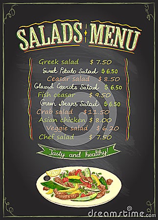 Salads menu chalkboard concept, hand drawn illustration with salad plate Vector Illustration