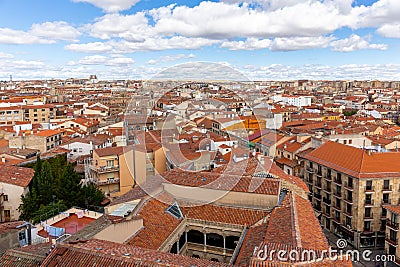 Salamanca city skyline with Casa de las Conchas courtyard, medieval Spanish architecture. Stock Photo