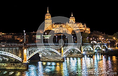 Salamanca skyline at night, Castilla y Leon region, Spain Stock Photo