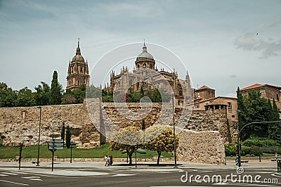 Dome and steeple from New Cathedral and street at Salamanca Editorial Stock Photo