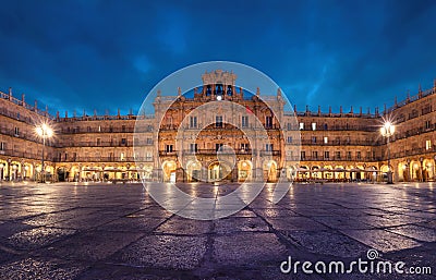 Salamanca, Spain. View of Plaza Mayor at dusk Stock Photo