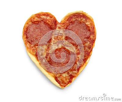 Salami Pizza in heart shape, isolated Stock Photo