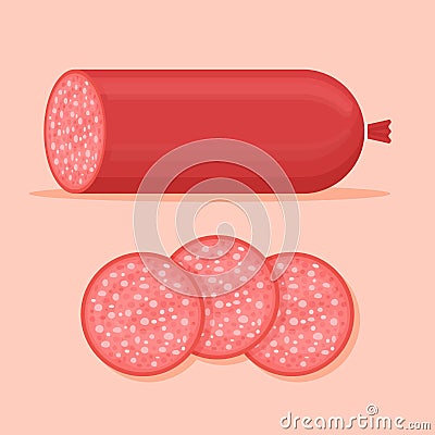 Salami sausage and slices. Vector illustration. Vector Illustration