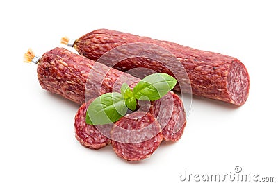 Salami smoked sausage, basil leaves and peppercorns isolated on Stock Photo