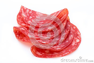 Salami smoked sausage slices isolated on white background cutout Stock Photo
