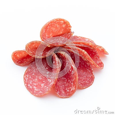 Salami smoked sausages slices isolated on white background. Stock Photo