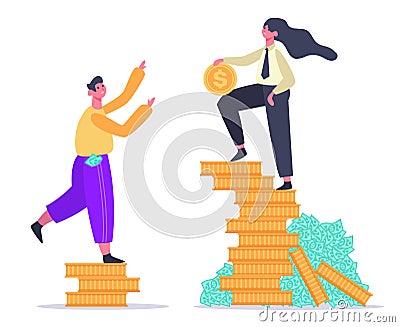 Salary inequality. Gender gap, economic classes inequality, male and female on money stack. Social difference, injustice Vector Illustration