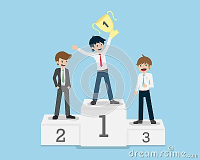 Salary Man Stand and Hold Trophy on the Winner Podium Vector Illustration
