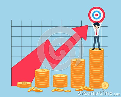 Salary Man Stand holding the target on the bar chart of coins highest point Vector Illustration