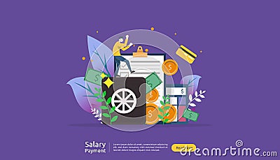 salary payment concept. Payroll, annual bonus, income, payout with paper calculator and people character. web landing page Vector Illustration