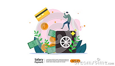 salary payment concept. Payroll, annual bonus, income, payout with paper calculator and people character. web landing page Vector Illustration