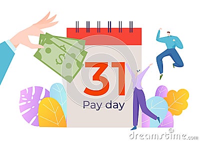 Salary payment day, businessman chief hand hold amount dollar cash, cheerful tiny worker character flat vector Vector Illustration