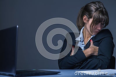 Salary reduction, lack of career prospects concept. Portrait of exhausted young business woman tired from office work Stock Photo