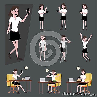 salary woman in working uniform. varies action of the happy woman using smartphone with social network Cartoon Illustration