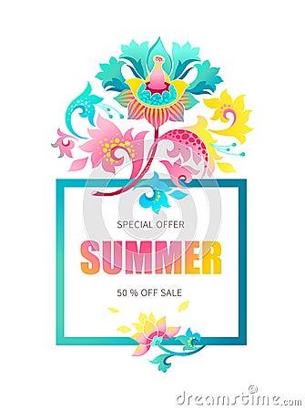 Sale background banner with exotic flowers. Vector Illustration