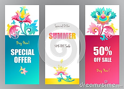 Sale background banner with exotic flowers. Vector Illustration